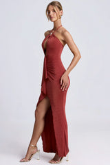 Hardware Detail Cut Out Halterneck Maxi Dress in Auburn Brown