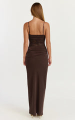 Contrast Lace Bodice Bias Cowl Drop Waist Dress in Chocolate