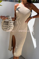Heating Up The Hamptons Knit One Shoulder Slit Stretch Midi Dress