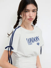 England London Cotton-blend Graphic Side Stripe Bowknot Ruched Tee