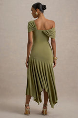 Castor Olive Asymmetric Midi Dress