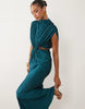 batwing plait ruched waist plisse dress in blue teal