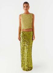 Perfect Places Low Rise Sequin Maxi Skirt Olive