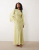 crinkle chiffon gathered maxi dress with micro ruffles in olive green