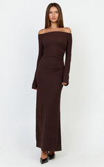 Ayla Maxi Dress - Off Shoulder Flared Sleeve Bodycon Dress in Chocolate