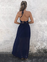 Maxi Dress Halter Twisted Long Split Backless Dark Navy Chiffon Sexy Dress