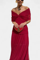 Women's Off-Shoulder Ruched Mesh Dress – Elegant Fitted Cocktail Dress