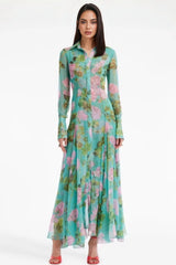 Vira Green Printed Single Breasted Maxi Dress