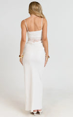 Contrast Lace Bodice Bias Cowl Drop Waist Dress in Cream