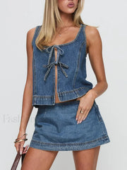 Denim Tie-Up Front Top Mini Skirt Two Piece Set