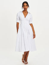 Palina Pinstripes Cotton Poplin Pleated Midi Preppy Shirt Dress