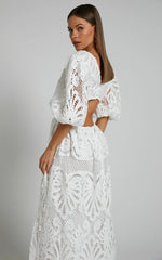 Anieshaya Midi Dress - V Neck Cut Out Lace Dress In White