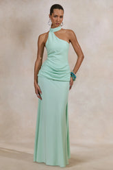 Aevina | Mint Satin Asymmetric-Neck Maxi Dress With Scarf-Detail