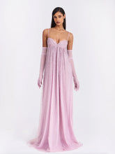 Wallie Pink Rhinestone Embellished Mesh Backless Gown