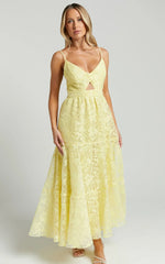 Jorie Midi Dress - Strappy Front Cut Out Tiered Skirt In Pastel Yellow