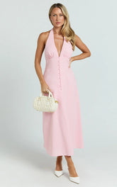 Beata Midi Dress - Plunge Halter A Line Dress in Pink