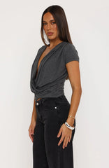 Almost Told You Short Sleeve Cowl Neck Top Charcoal Marle
