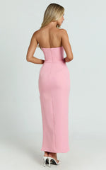Strapless Draped Side Split Dress in Pink