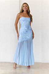 Rosé Mood Strapless Mesh Maxi Dress Blue