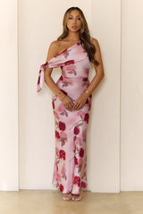 Romantic Rose Satin One Shoulder Maxi Dress Pink