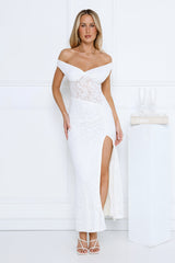Ivory Veil Off Shoulder Lace Maxi Dress White
