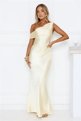 She’s A Dream Satin Off Shoulder Maxi Dress Yellow