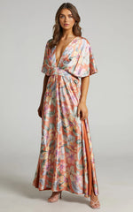 Sophia Maxi Dress - Plunge Neck Bat Wing Sleeve Dress in Multi Floral