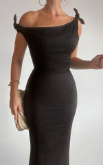 Cincinnati Midi Dress - Off The Shoulder Side Split Column Linen Dress in Black