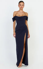 Off Shoulder Corset High Split Dress in Navy