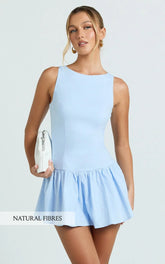 Izira Mini Dress - Boat Neck Drop Waist Shift Dress in Blue