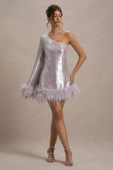 Free Soul Lilac Sequin One Shoulder Feather Trim Mini Dress