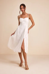 Loveliest Looks White Floral Jacquard Tie-Strap Midi Dress