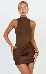 Elodie Mini Dress - Sleeveless Dress Overlay Skirt in Chocolate
