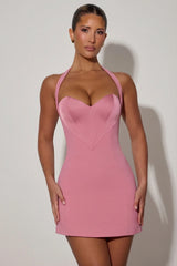 Heart Detail Halterneck A Line Mini Dress in Dusty Pink