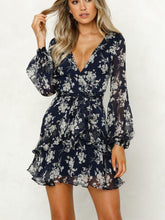 JuliaFashion-Floral Printed Surplice Neck Ruffled Mini Dress