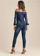 Off The Shoulder Denim Jumpsuit Dark Wash