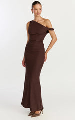Veda Maxi Dress - Asymmetric One Shoulder Ruched Maxi Dress in Chocolate