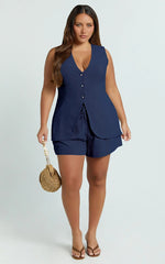 Olivia Top - Longline Linen V Neck Back Tie Vest Top in Navy