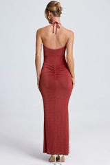 Hardware Detail Cut Out Halterneck Maxi Dress in Auburn Brown