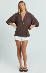 Joanna Top - Button Up Collared Short Sleeve Shirt in Chocolate