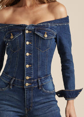 Off The Shoulder Denim Jumpsuit Dark Wash