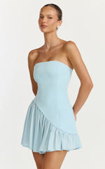 Calla Mini Dress - Strapless Gathered Asymmetric Dropped Waist Dress in Light Blue