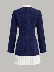 Pleated Hem Bow Neckline Tweed Mini Dress