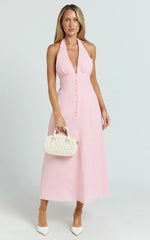 Beata Midi Dress - Plunge Halter A Line Dress in Pink