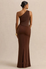 Arovia | Brown Satin Asymmetric-Neck Maxi Dress With Draped-Detail