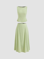 Woven Boat Neck Solid Tank Top & Mid Rise Midi Skirt