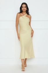 WHISPERING PALMS SATIN MIDI DRESS YELLOW