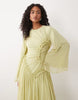 crinkle chiffon gathered maxi dress with micro ruffles in olive green