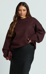 Amanda Jumper - Crew Neck Long Sleeve Knit Sweater in Burgundy