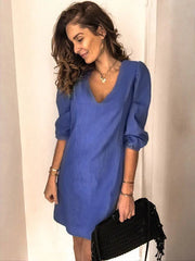 Midi Dress V-Neck Half Sleeves Simple Light Sky Blue Summer Dress